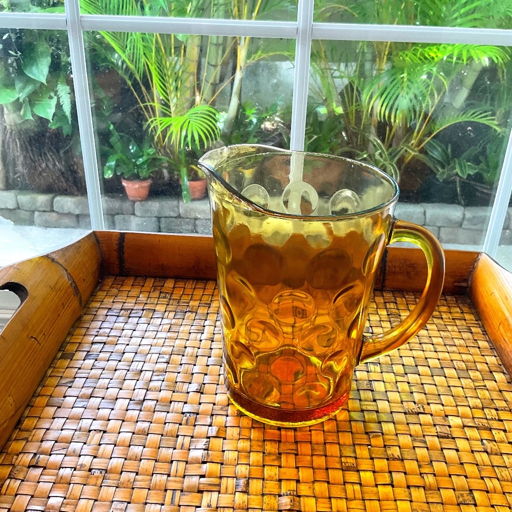 Vintage Amber Colored Water Pitcher With Large Circular Spots - Lovely